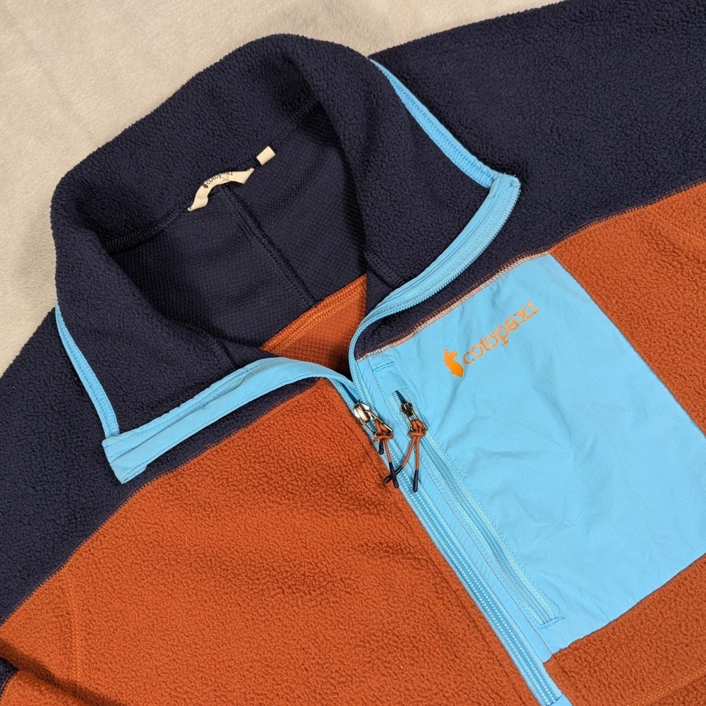 Cotopaxi Abrazo Fleece Pullover Mens Large Rust Navy Blue Half Zip Jacket